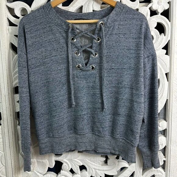 HARLOWE & GRAHAM Lace Up v-Neck Pullover Terrycloth inside Size S heathered blue - Picture 1 of 11